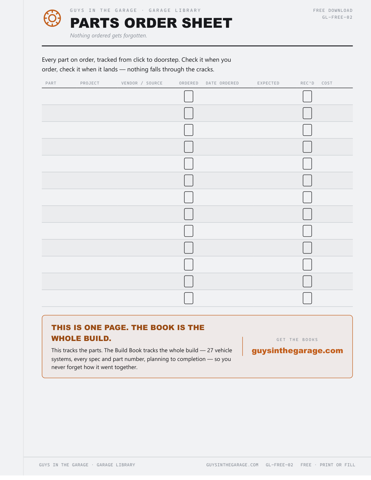 Parts Order Sheet — Free
